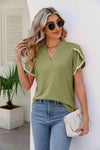 Pom-Pom Trim Petal Sleeve Notched Neck Top Sage Blouses - Tophatter Daily Deals