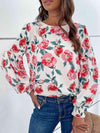 Floral Long Puff Sleeve Round Neck Blouse Blouses - Tophatter Daily Deals