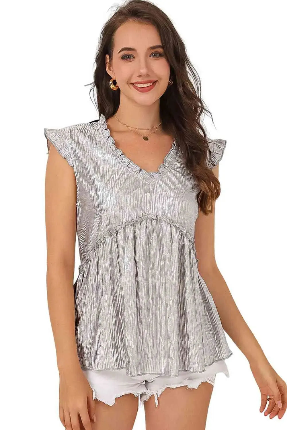 Frill Trim V-Neck Metallic Blouse Blouses - Tophatter Daily Deals