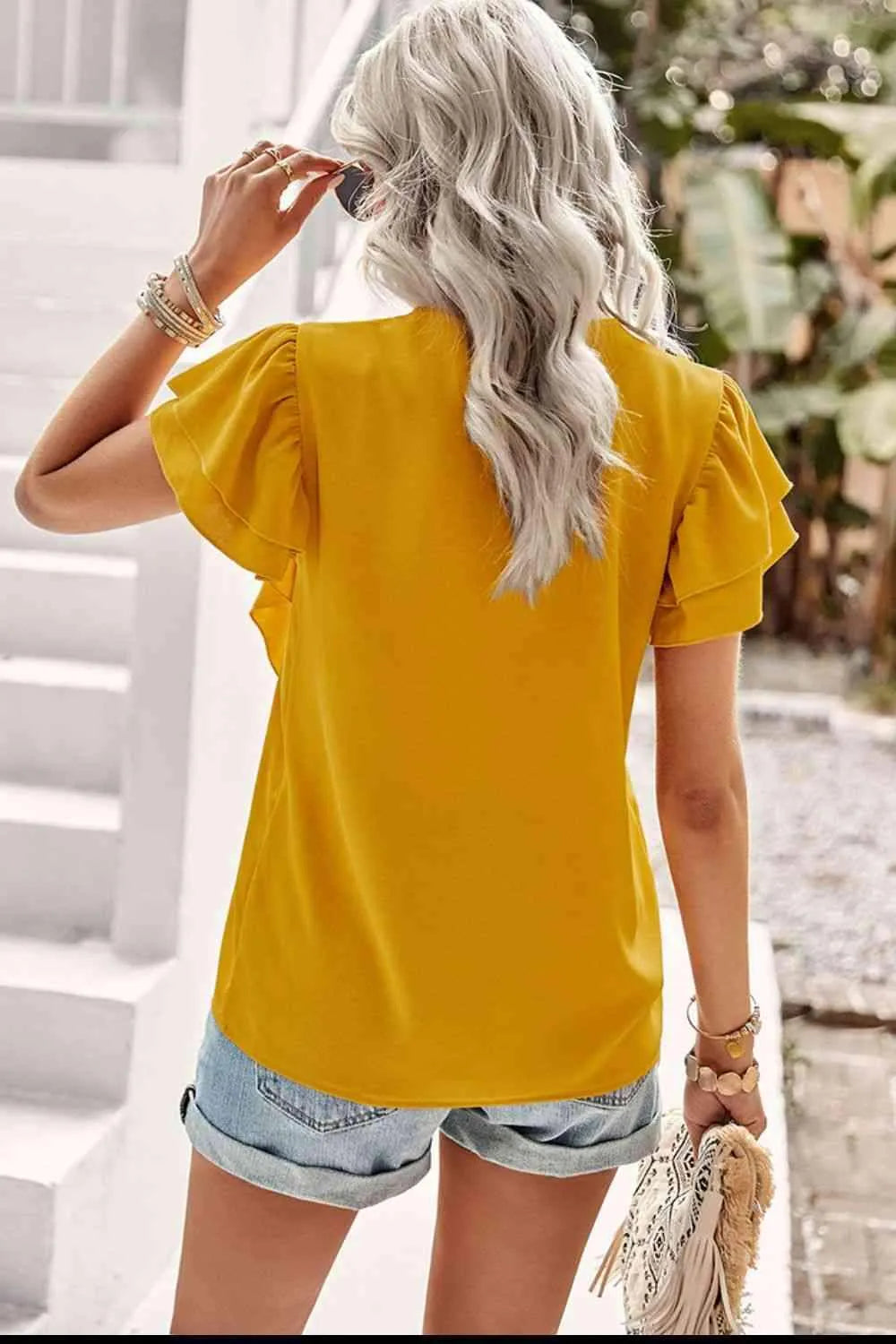 Contrast Ruffle Trim Flutter Sleeve Blouse Blouses - Tophatter Daily Deals