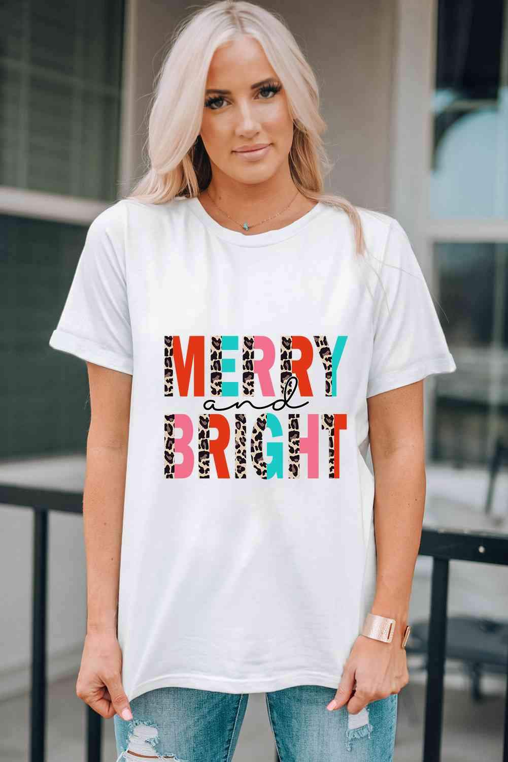 MERRY AND BRIGHT Graphic T-Shirt Women's T-Shirts - Tophatter Daily Deals