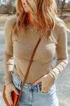 Ribbed Long Sleeve Round Neck Blouse Sand Blouses - Tophatter Daily Deals