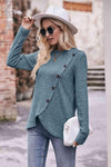 Double Take Ribbed Round Neck Buttoned Long Sleeve Tee Women's T-Shirts - Tophatter Daily Deals