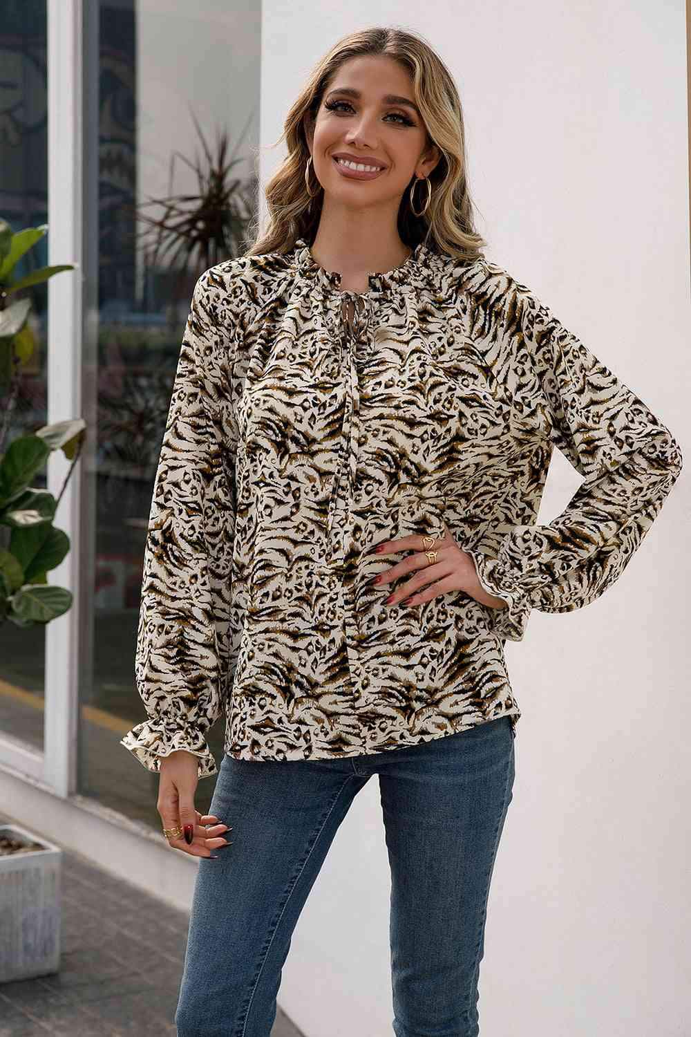 Printed Tie Neck Frill Trim Flounce Sleeve Blouse Blouses - Tophatter Daily Deals