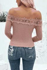 Off-Shoulder Lace Trim Ribbed Tee Blouses - Tophatter Daily Deals