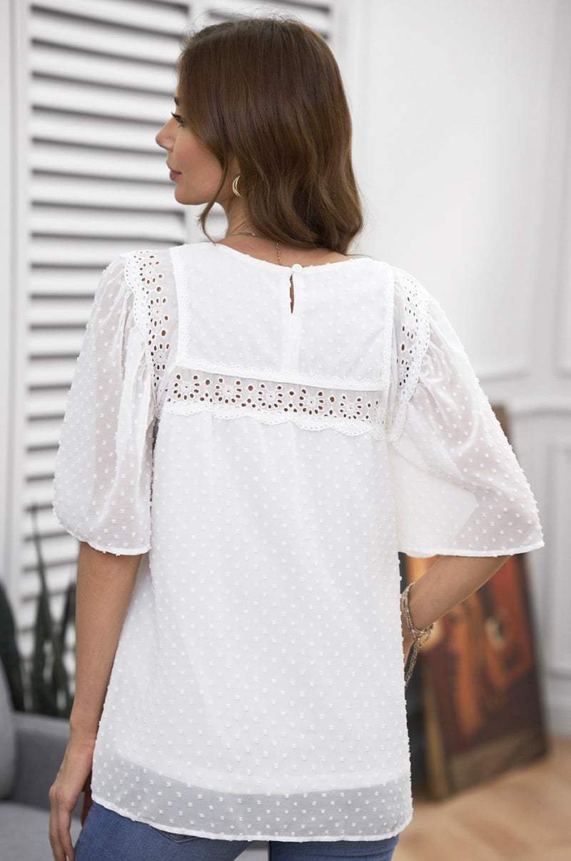 Flutter Sheer Sleeves Babydoll Top Blouses - Tophatter Daily Deals