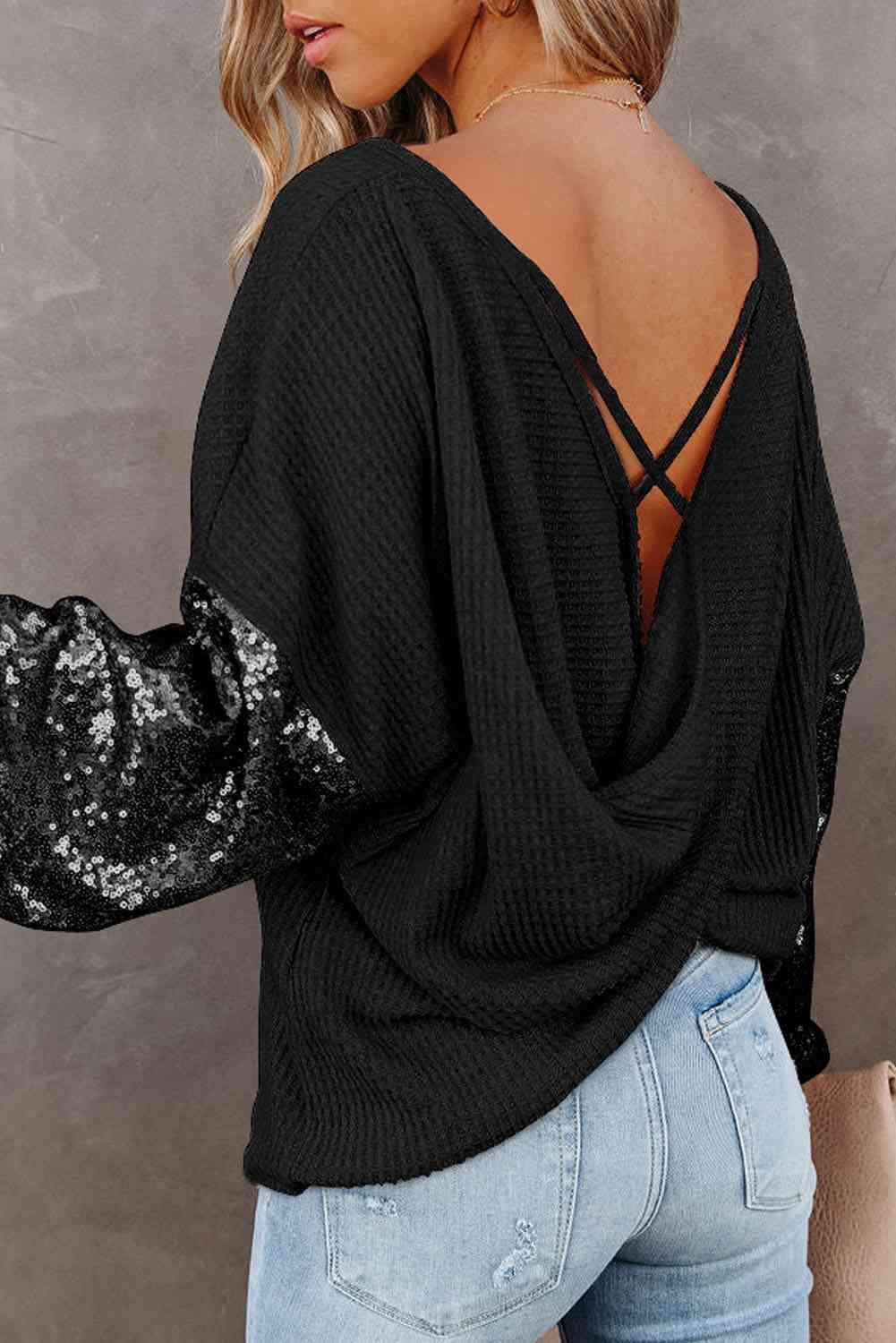 Sequin Waffle-Knit Blouse Blouses - Tophatter Daily Deals