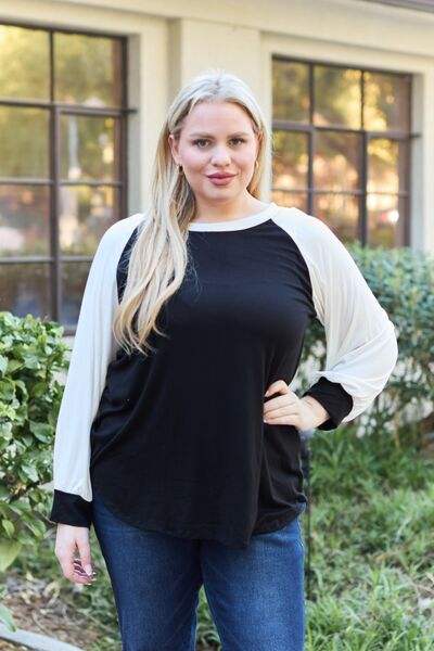 Celeste Design Full Size Color Contrast Long Sleeve Top Black Ivory Blouses - Tophatter Daily Deals