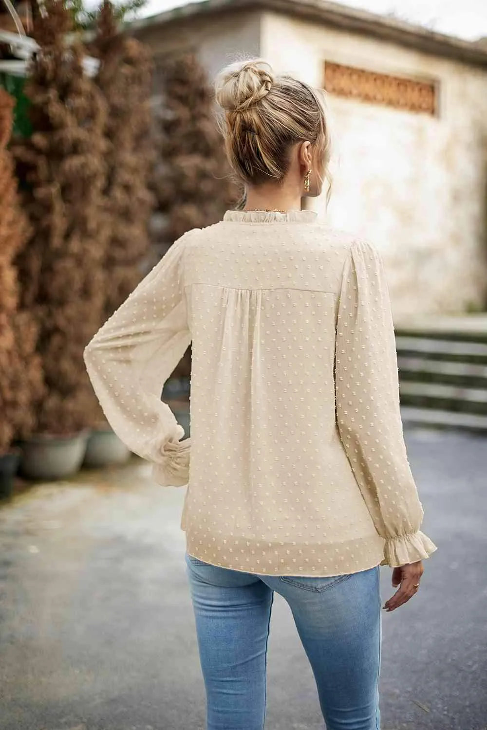 Swiss Dot Smocked Shoulder Blouse Blouses - Tophatter Daily Deals