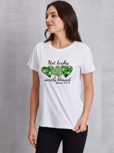 NOT LUCKY SIMPLY BLESSED Heart Round Neck T-Shirt White Women's T-Shirts - Tophatter Daily Deals