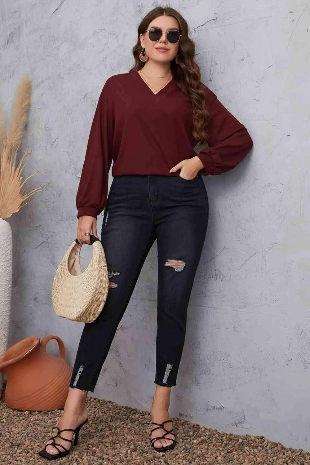 Melo Apparel Plus Size V-Neck Dropped Shoulder Blouse Blouses - Tophatter Daily Deals