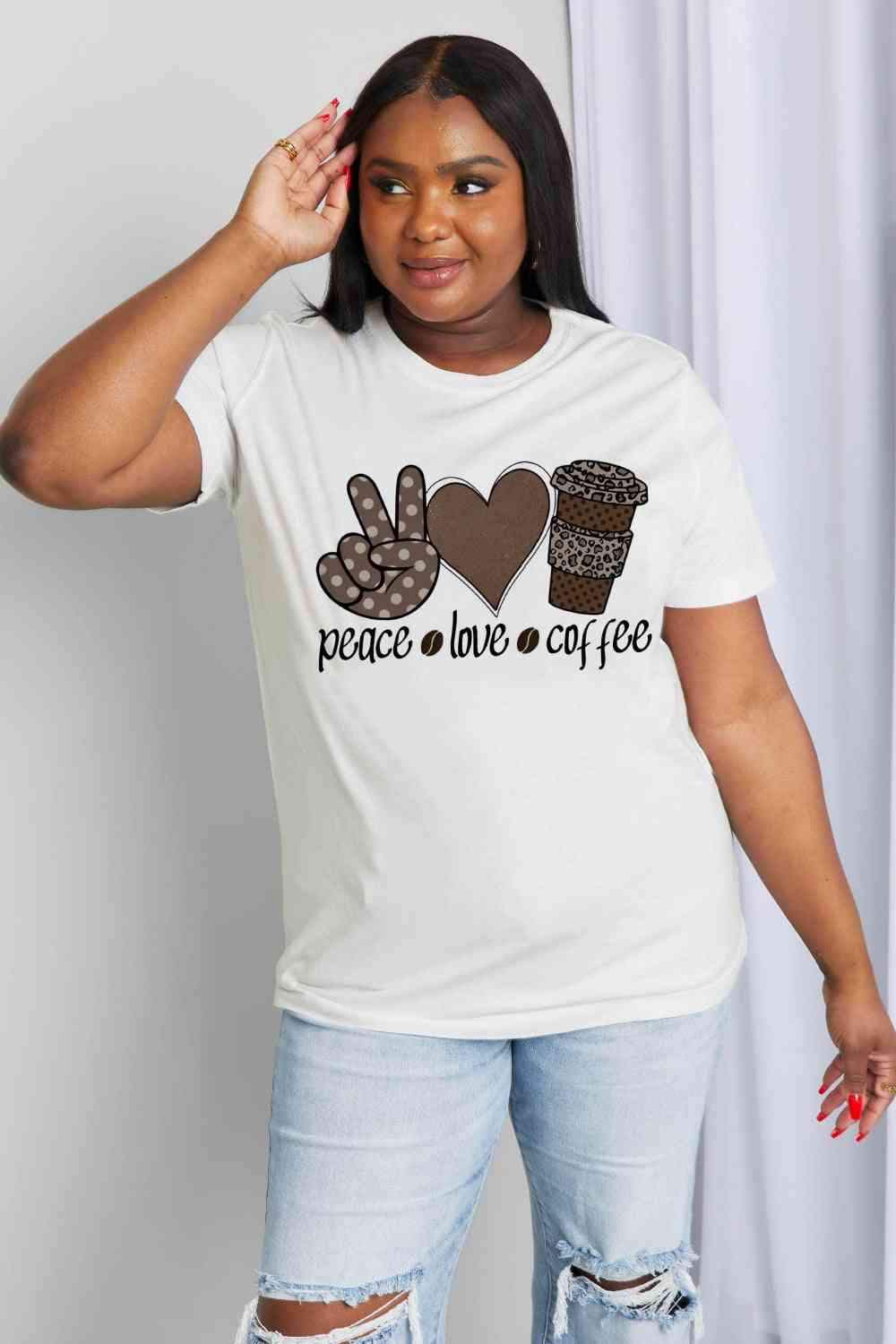 Simply Love Full Size PEACE LOVE COFFEE Graphic Cotton Tee Bleach Women's T-Shirts - Tophatter Daily Deals