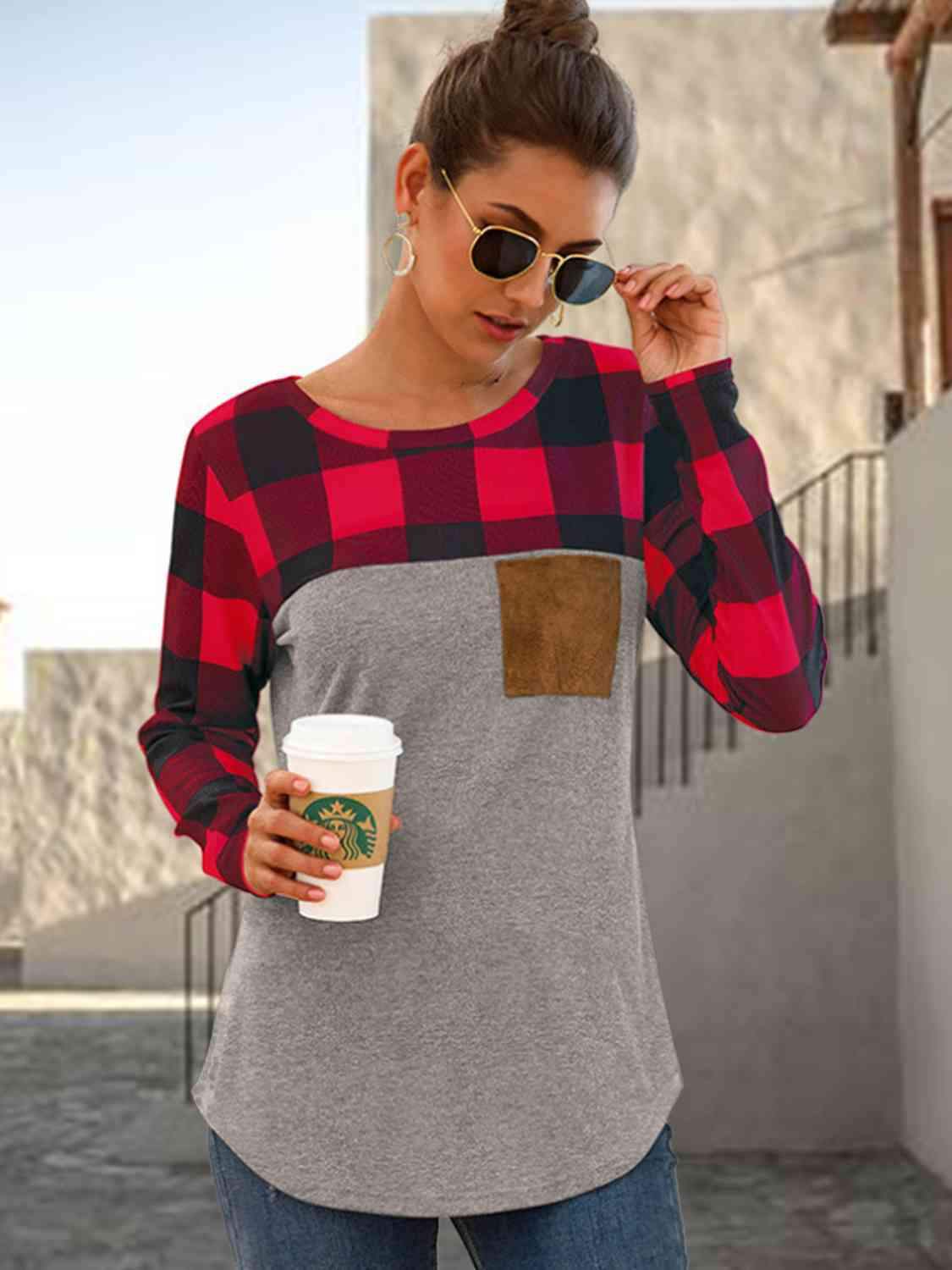 Plaid Round Neck Long Sleeve T-Shirt Women's T-Shirts - Tophatter Daily Deals