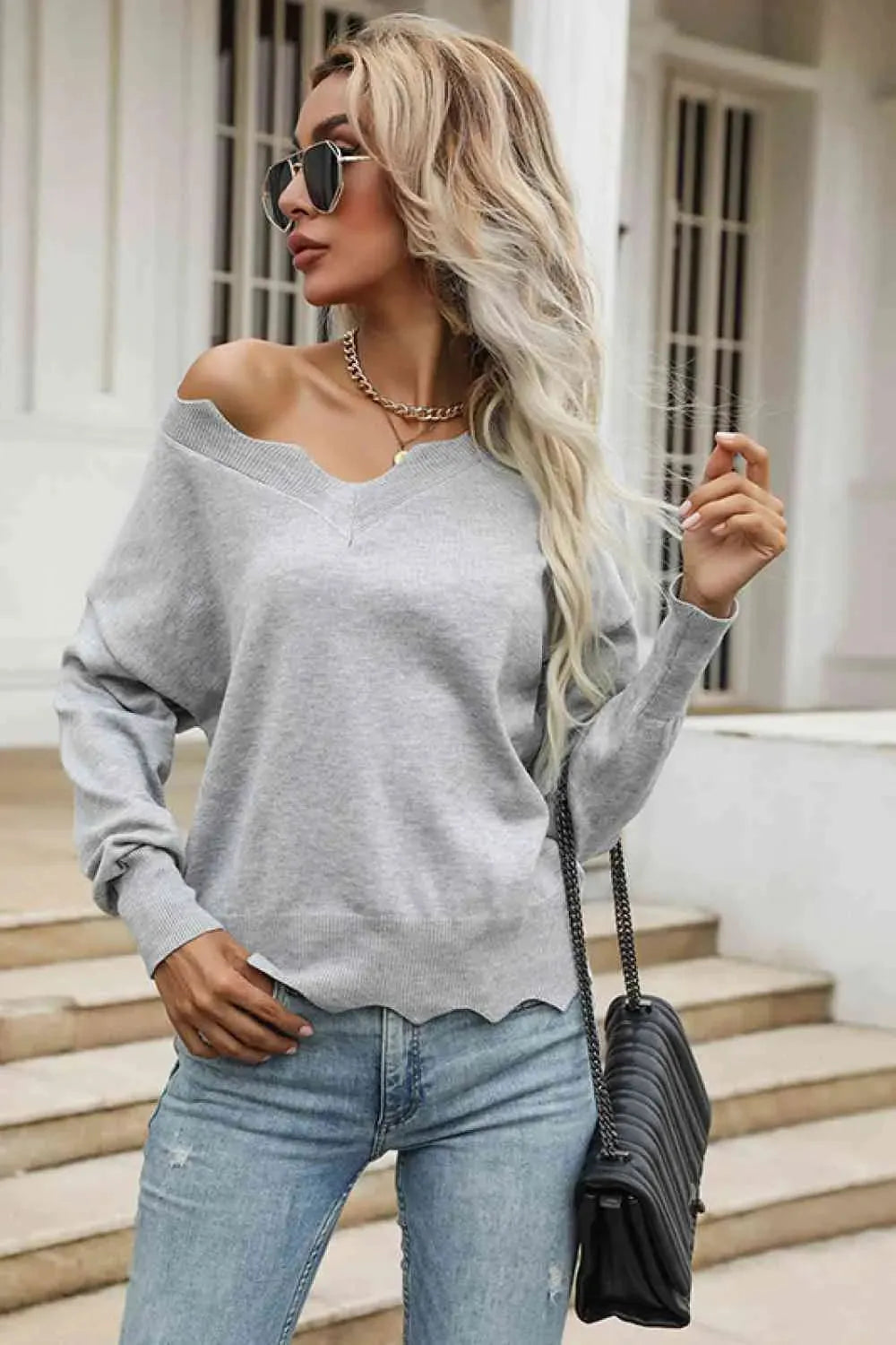 Wavy Hem Long Sleeve Pullover Gray Blouses - Tophatter Daily Deals