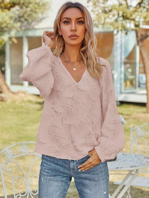 V-Neck Long Sleeve Blouse Blouses - Tophatter Daily Deals