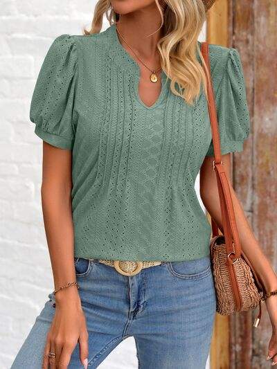 Eyelet Notched Puff Sleeve T-Shirt Sage Women's T-Shirts - Tophatter Daily Deals