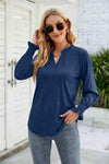 Heathered Flounce Sleeve Curved Hem Top Indigo Blouses - Tophatter Daily Deals
