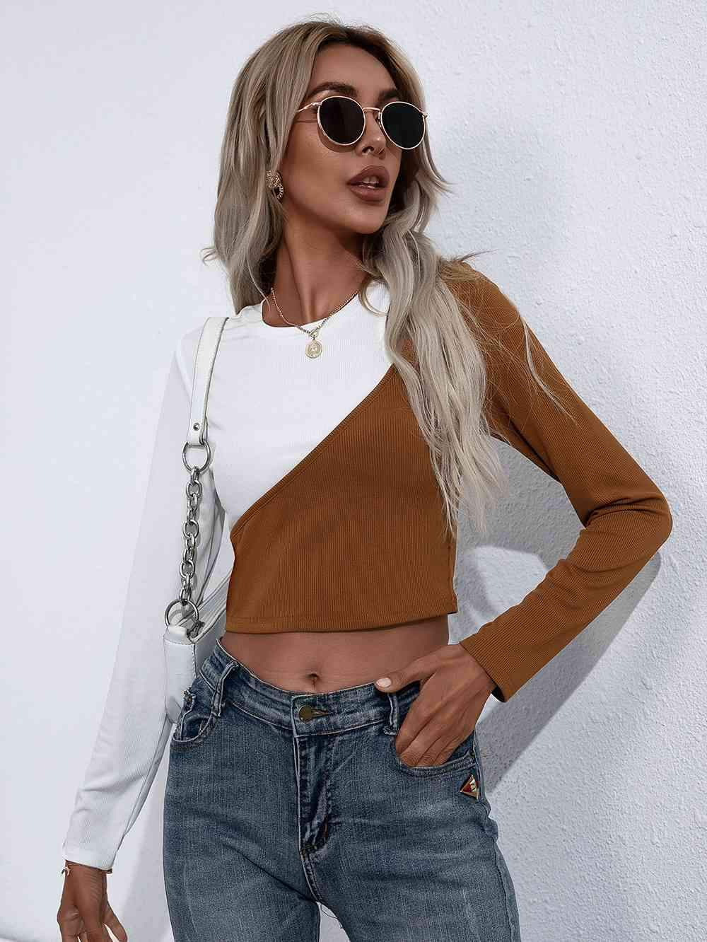 Cropped Contrast Color Round Neck Short Sleeve Tee Caramel Women's T-Shirts - Tophatter Daily Deals