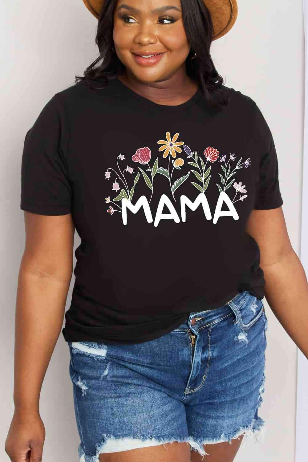 Simply Love Full Size MAMA Flower Graphic Cotton Tee Black Women's T-Shirts - Tophatter Daily Deals