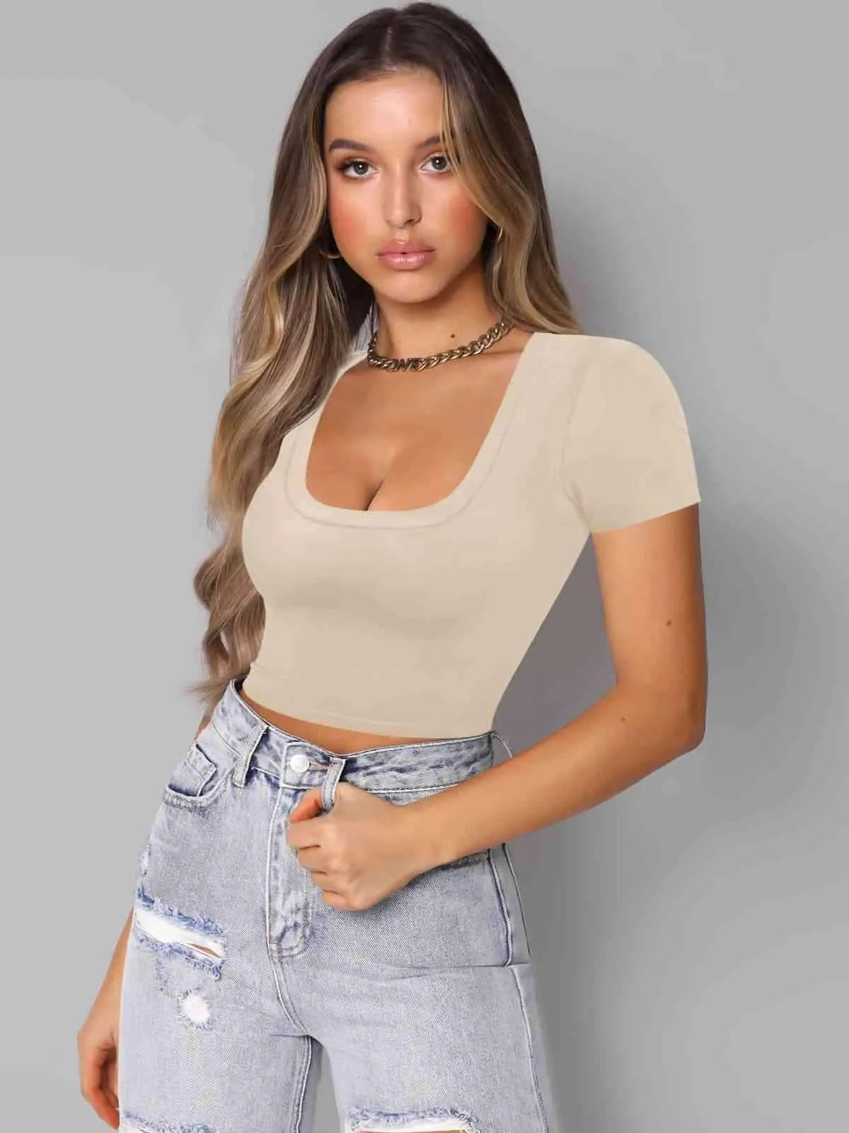 Square Neck Cropped T-Shirt Beige Blouses - Tophatter Daily Deals