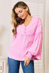 Double Take Exposed Seam Buttoned Notched Neck Blouse Blouses - Tophatter Daily Deals