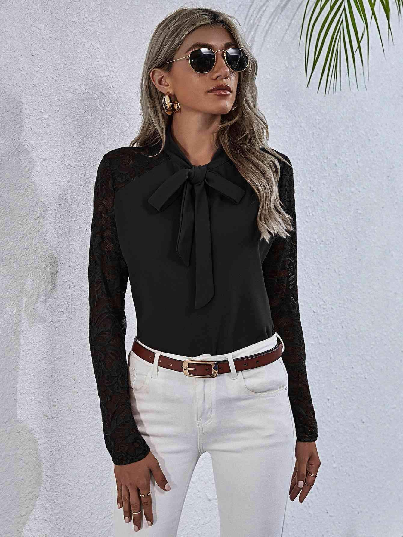 Tie Neck Spliced Lace Long Sleeve Top Blouses - Tophatter Daily Deals