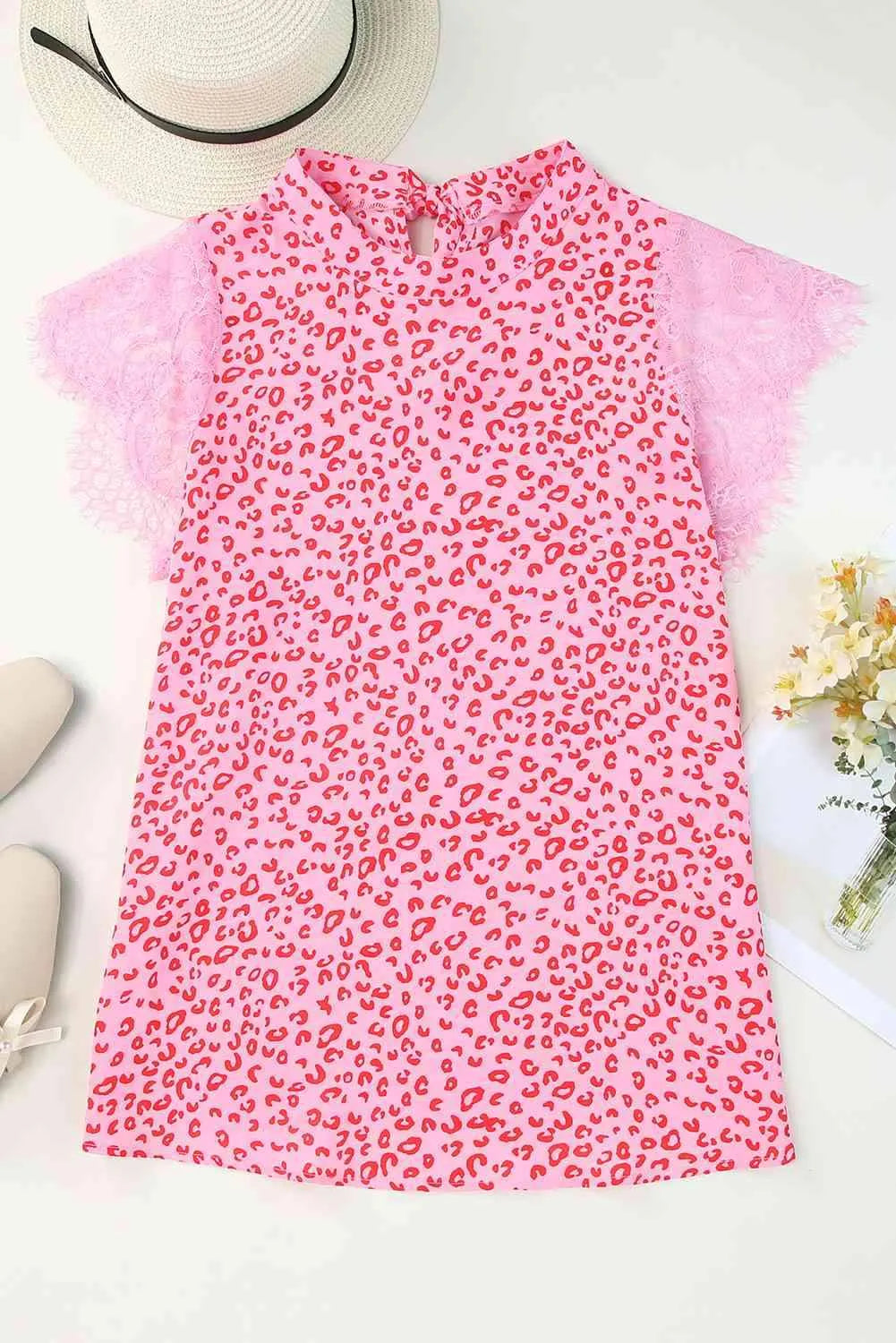 Leopard Print Lace Short Sleeve Blouse Blouses - Tophatter Daily Deals