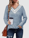 Lace Detail V-Neck Long Sleeve Top Women's T-Shirts - Tophatter Daily Deals