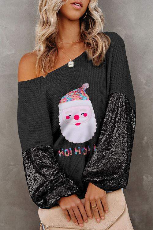 Waffle-Knit Santa Graphic Sequin Long Sleeve Blouse Black Blouses - Tophatter Daily Deals