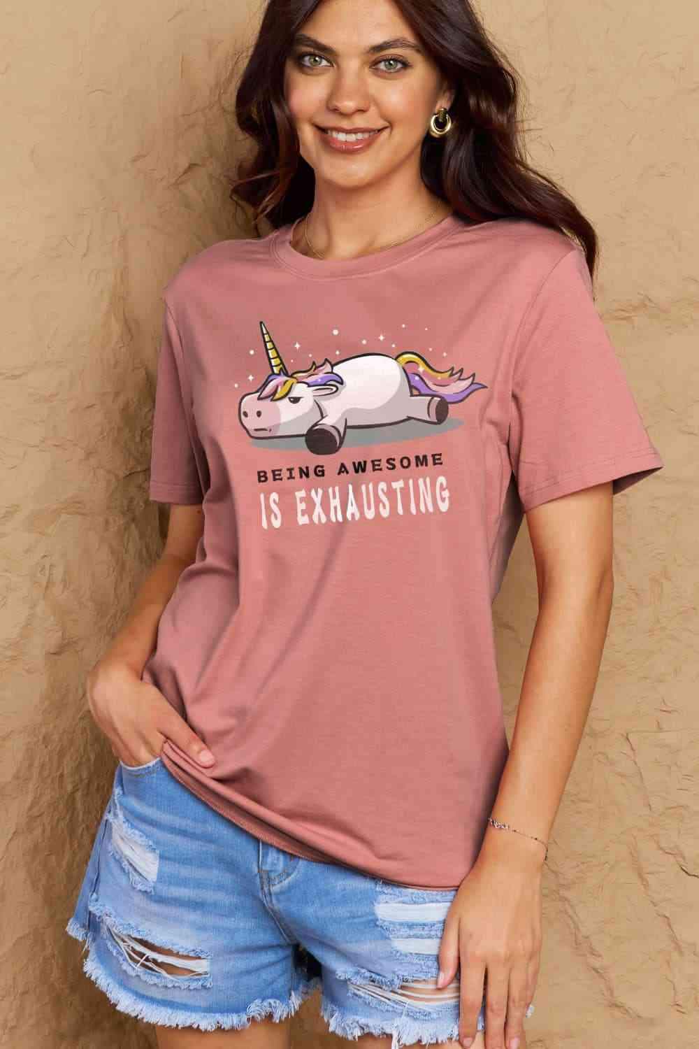 Simply Love Full Size BEING AWESOME IS EXHAUSTING Graphic Cotton Tee Women's T-Shirts - Tophatter Daily Deals