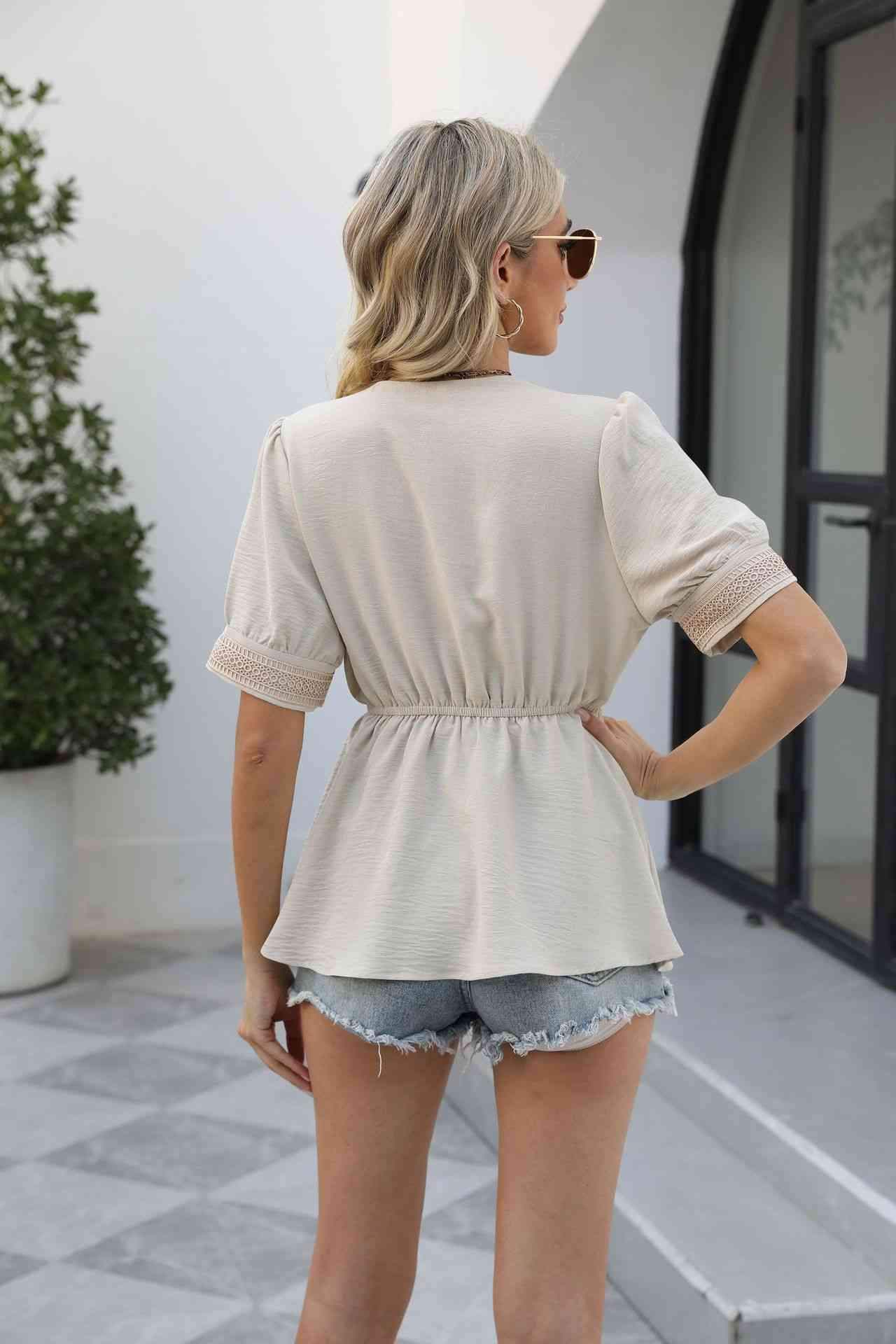 V-Neck Puff Sleeve Babydoll Top Blouses - Tophatter Daily Deals