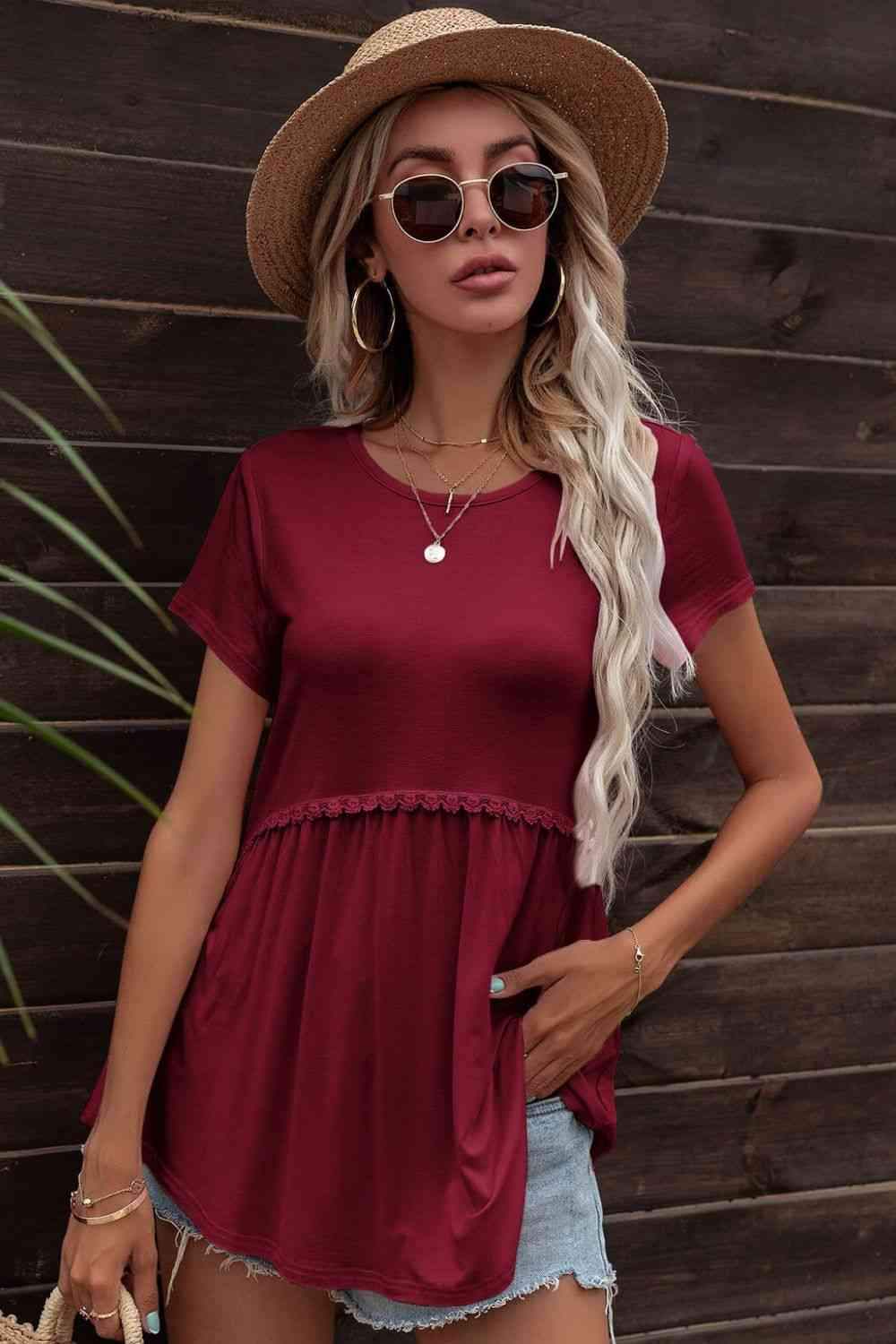 Lace Trim Round Neck Tunic Top Women's T-Shirts - Tophatter Daily Deals