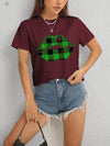 Plaid Lip Graphic Round Neck T-Shirt Women's T-Shirts - Tophatter Daily Deals