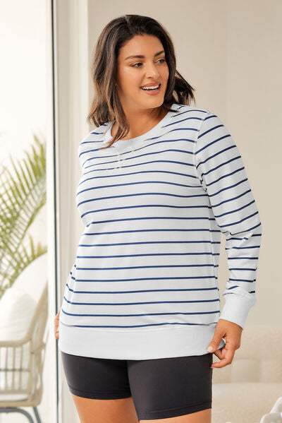 Plus Size Striped Round Neck Long Sleeve T-Shirt Women's T-Shirts - Tophatter Daily Deals