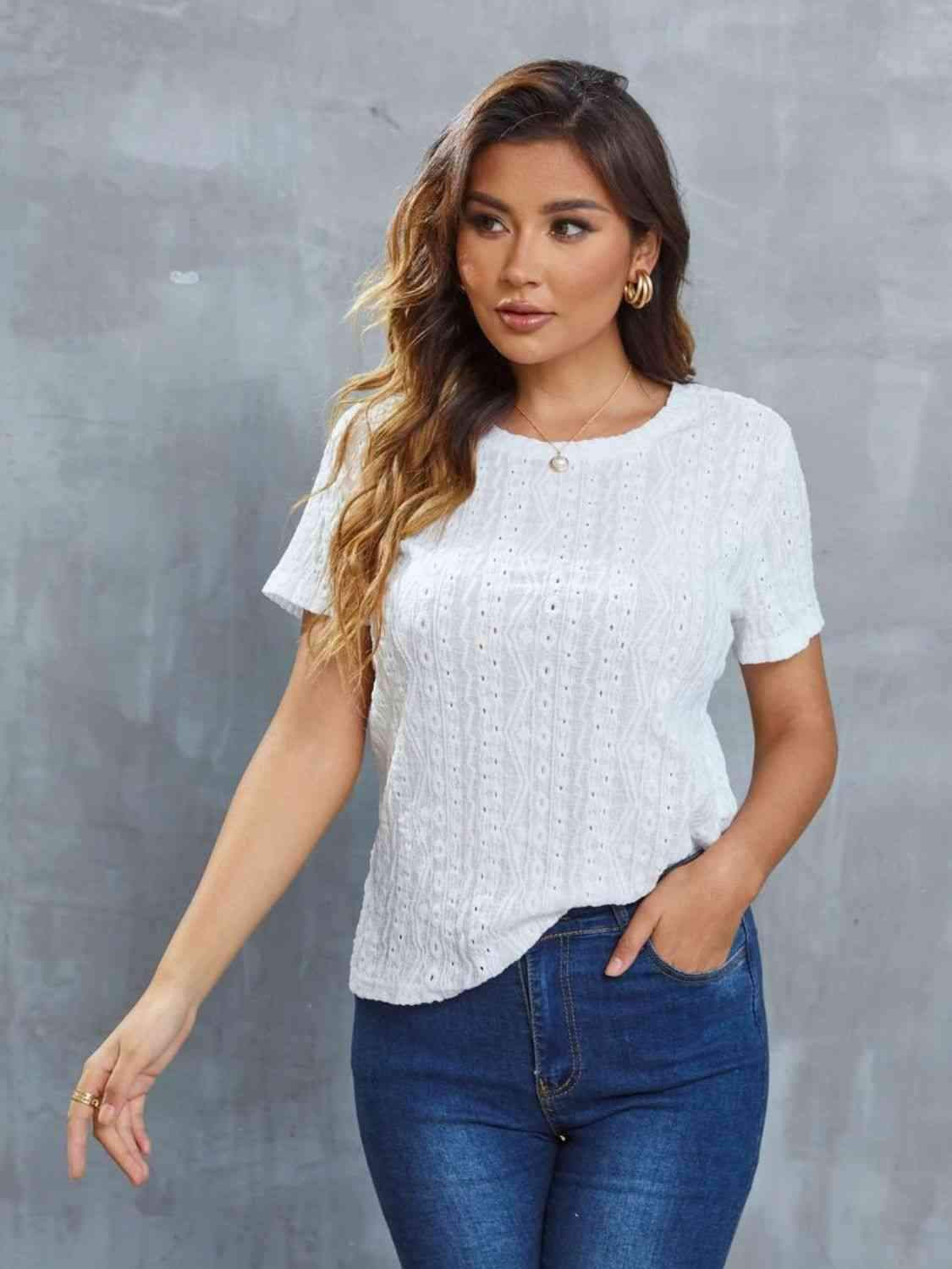 Openwork Short Sleeve Round Neck Top White Women's T-Shirts - Tophatter Daily Deals