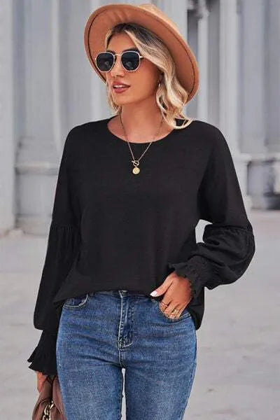 Round Neck Flounce Sleeve Blouse Blouses - Tophatter Daily Deals