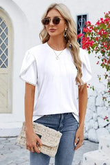 Round Neck Petal Sleeve T-Shirt White Women's T-Shirts - Tophatter Daily Deals