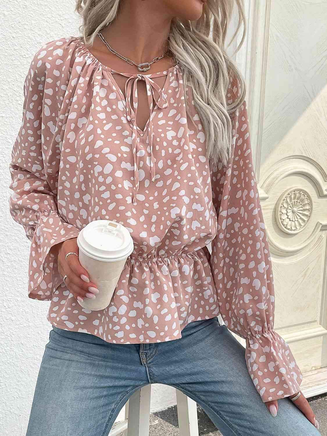 Printed Tie Neck Flounce Sleeve Peplum Top Blouses - Tophatter Daily Deals