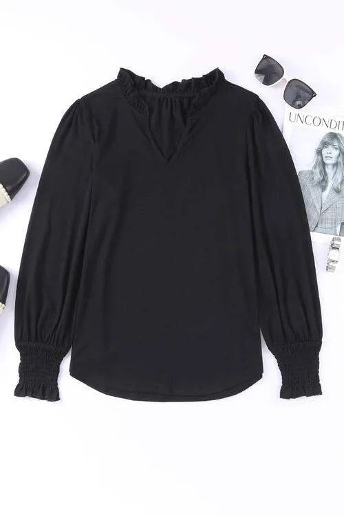 Frill Notched Neck Smocked Designed Long Sleeve Blouse Blouses - Tophatter Daily Deals