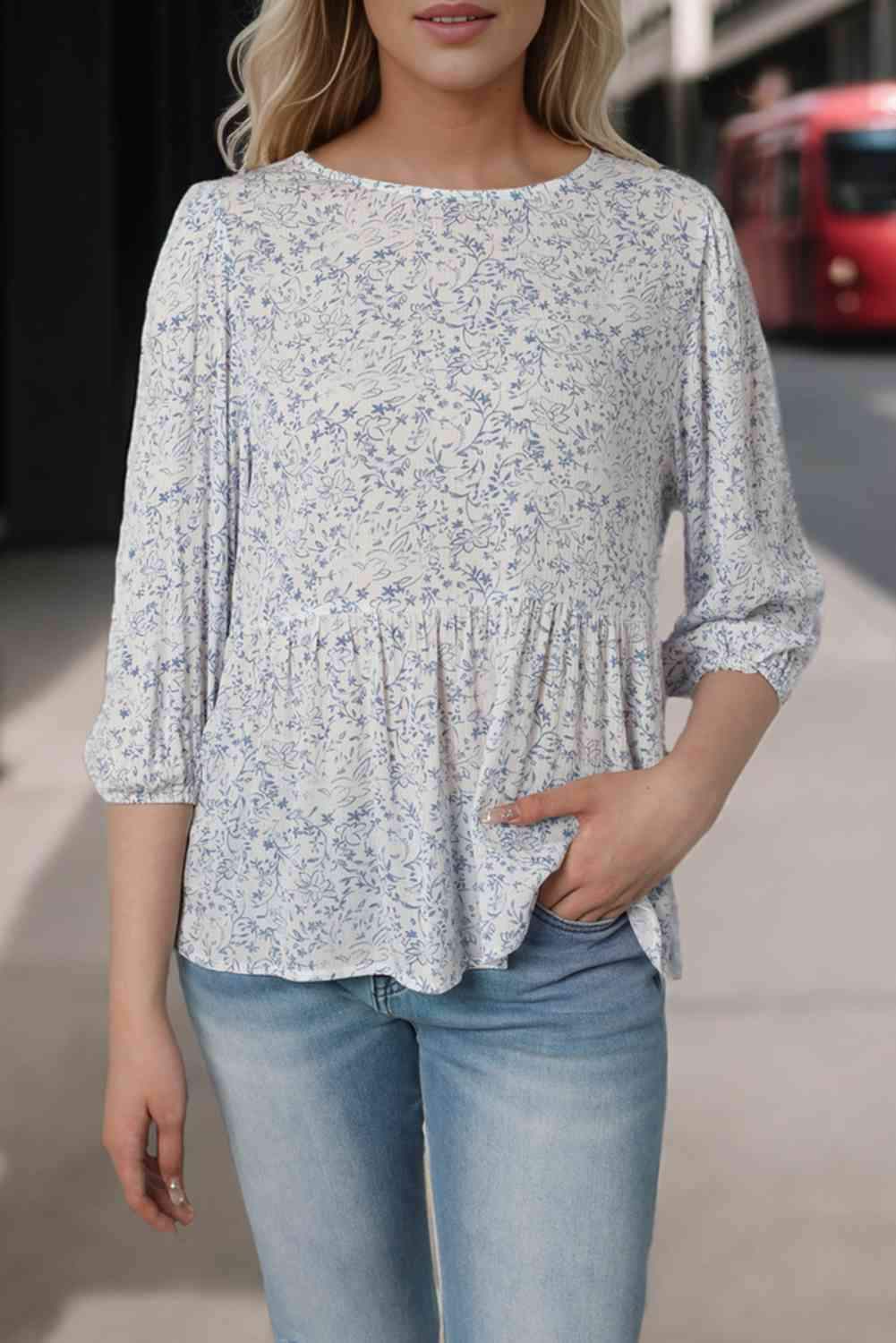 Floral Round Neck Peplum Blouse Blouses - Tophatter Daily Deals