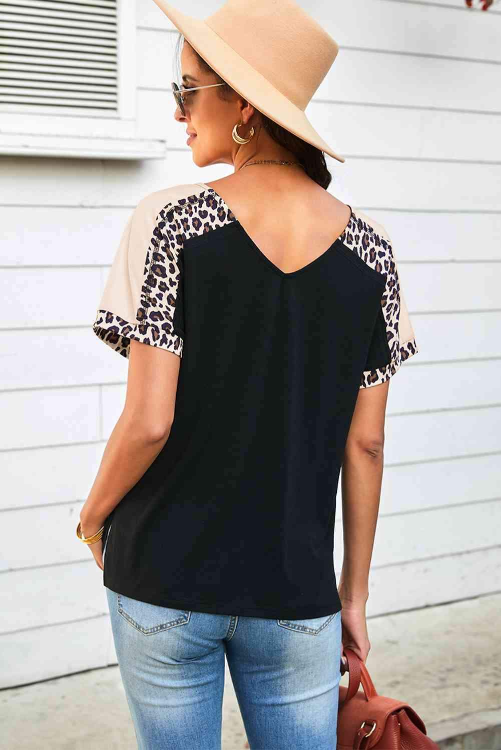 Leopard Sleeve Side Slit Tee-Shirt Women's T-Shirts - Tophatter Daily Deals