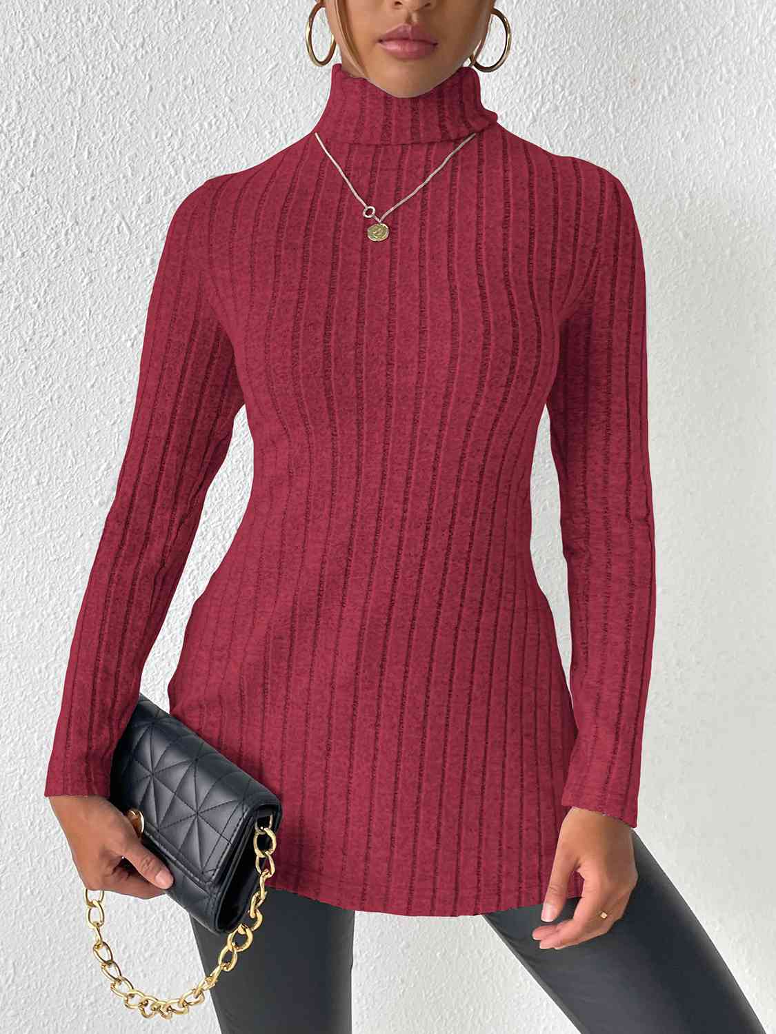 Ribbed Turtleneck Long Sleeve Slit T-Shirt Wine Women's T-Shirts - Tophatter Daily Deals