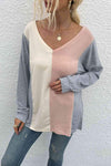 Color Block V-Neck Long Sleeve Blouse Peach Blouses - Tophatter Daily Deals