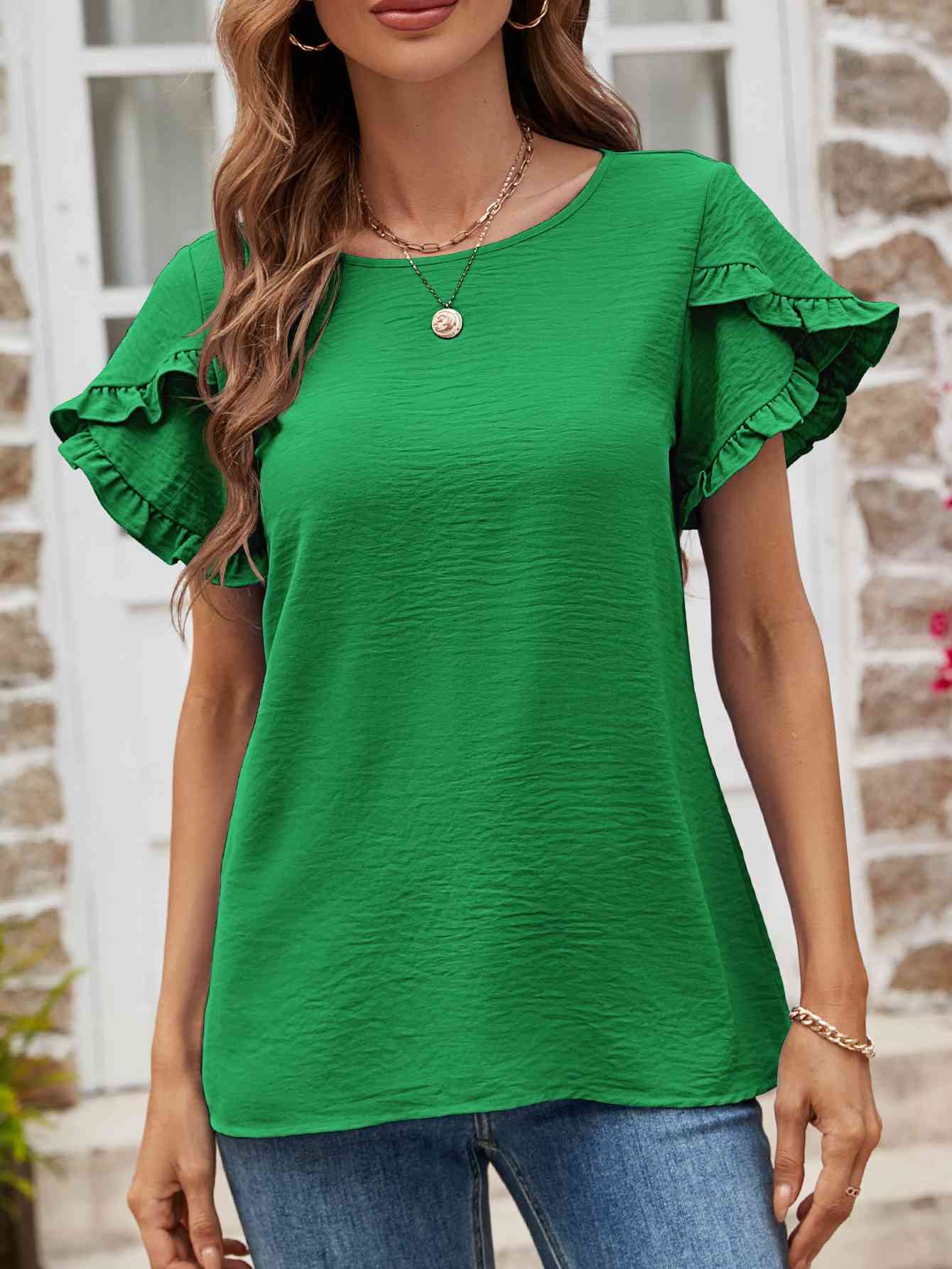 Textured Petal Sleeve Round Neck Tee Women's T-Shirts - Tophatter Daily Deals