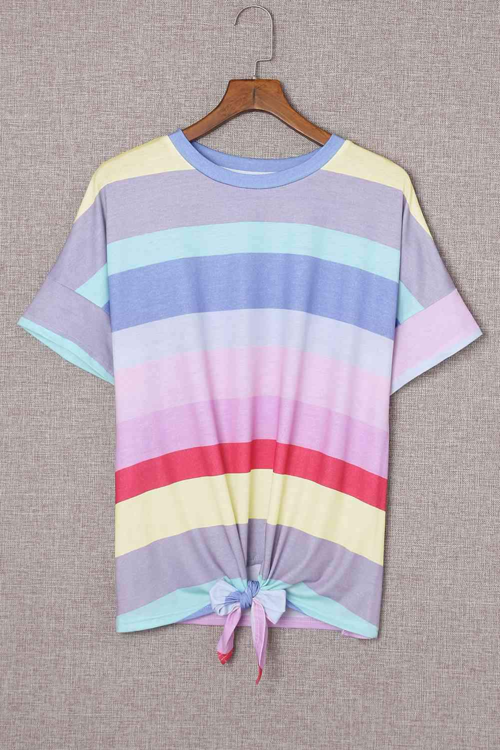 Rainbow Stripe Tie-Front Tee Shirt Women's T-Shirts - Tophatter Daily Deals