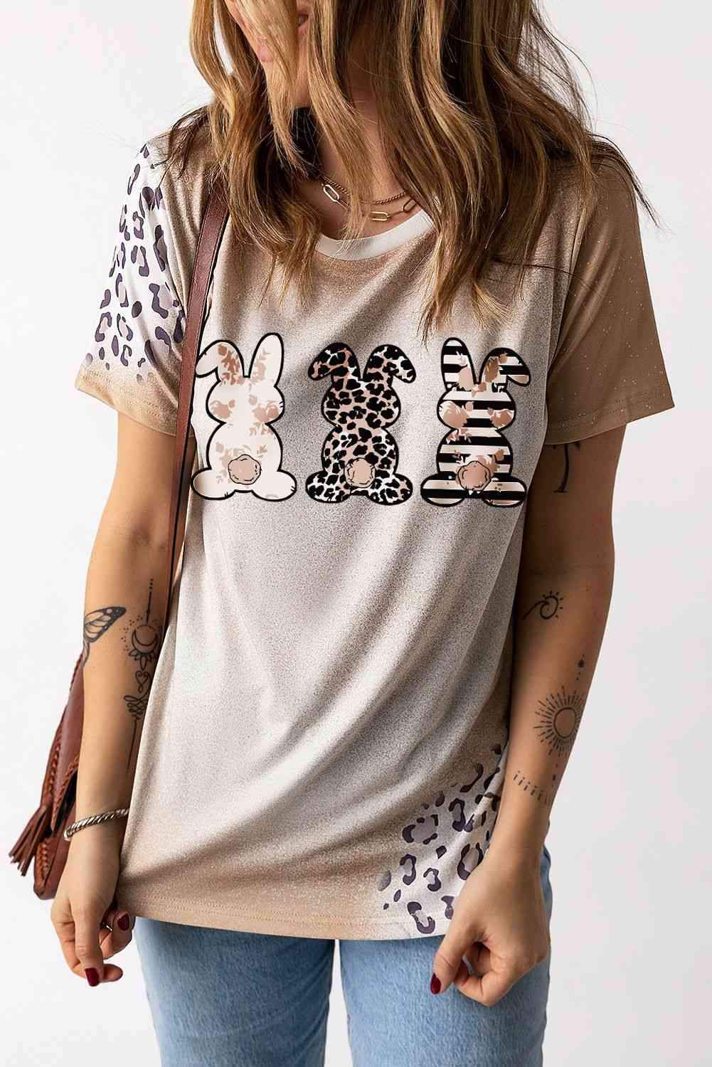 Easter Leopard Rabbit Graphic T-Shirt Women's T-Shirts - Tophatter Daily Deals