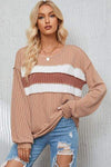 Ribbed Color Block Exposed Seam Round Neck Blouse Blouses - Tophatter Daily Deals