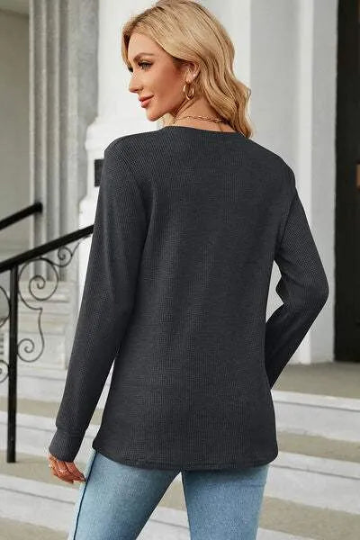 Waffle-Knit Notched Long Sleeve T-Shirt Women's T-Shirts - Tophatter Daily Deals
