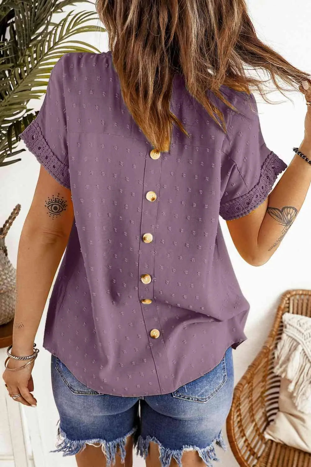 Swiss Dot Decorative Button Short Sleeve Blouse Blouses - Tophatter Daily Deals