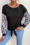 Leopard Print Sleeve Tie Front Top Black Blouses - Tophatter Daily Deals